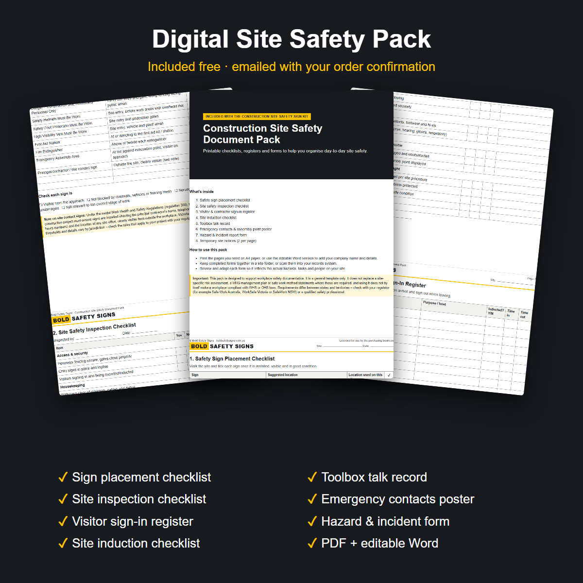 Construction site safety document pack – checklists, sign-in register, induction and toolbox forms