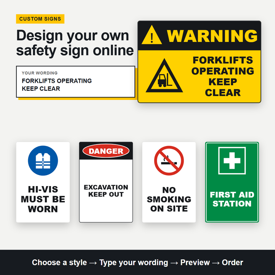 Custom safety sign designer – examples of custom warning, mandatory PPE, danger and first aid signs with standard header panels