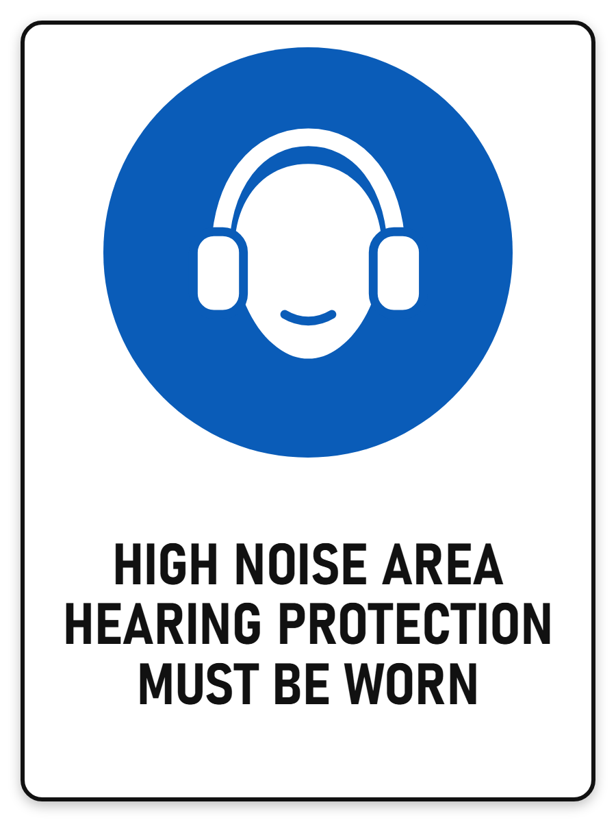 High Noise Area – Hearing Protection Must Be Worn sign – blue mandatory PPE safety sign by Bold Safety Signs