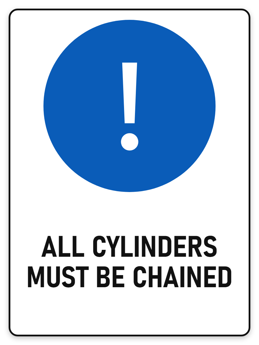 All Cylinders Must Be Chained sign – blue mandatory PPE safety sign by Bold Safety Signs