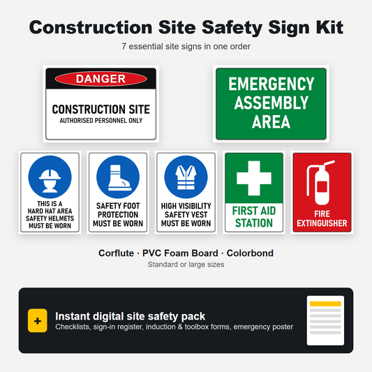 Construction Site Safety Sign Kit – 7 construction site safety signs plus digital site safety pack