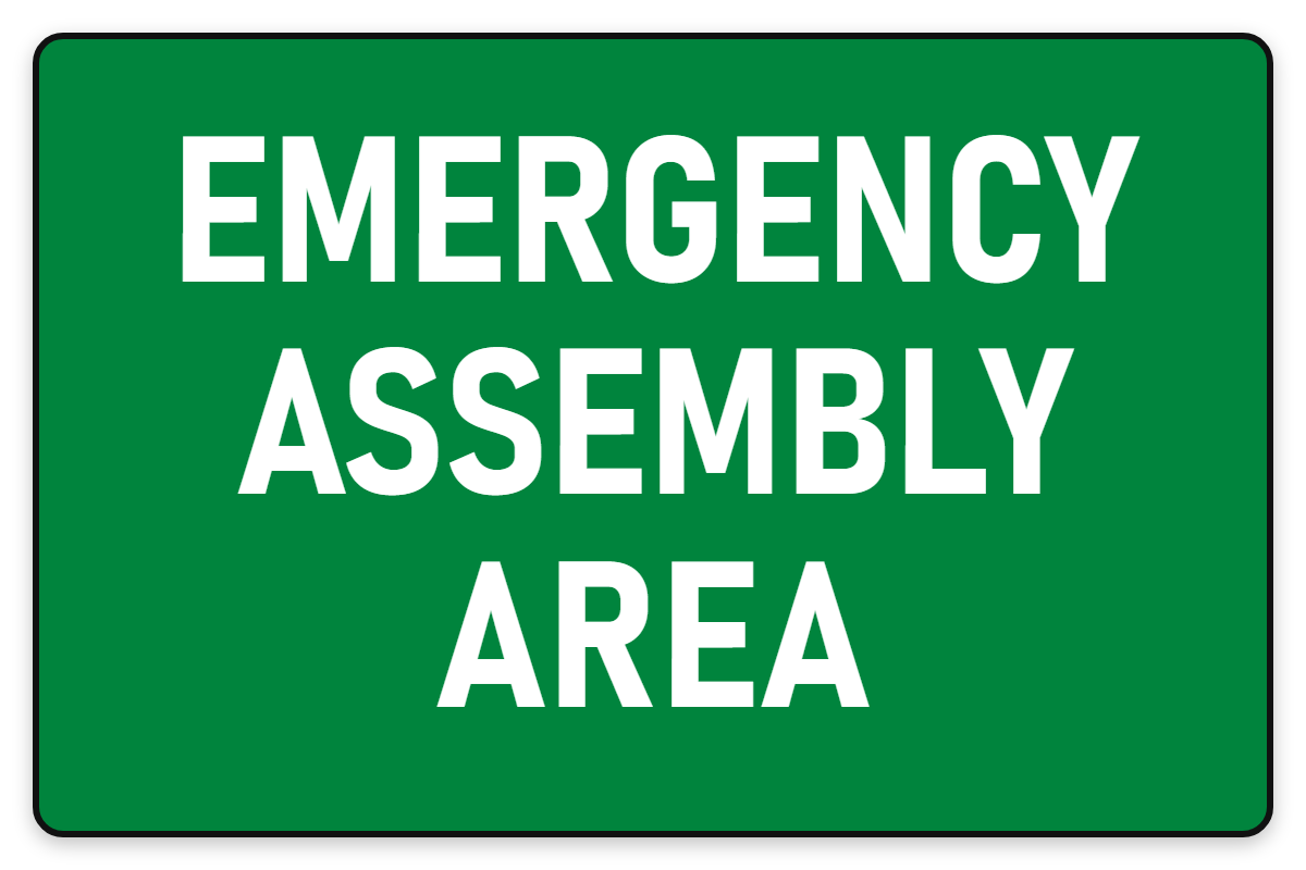 Emergency Assembly Area sign white text on green