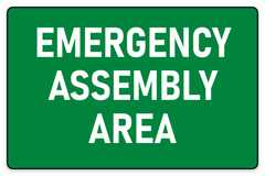 Emergency Assembly Area sign white text on green