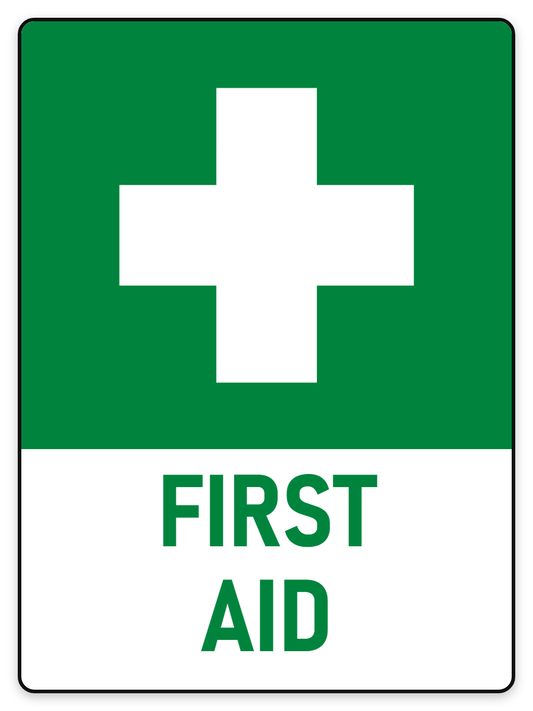 First Aid sign with white cross on green