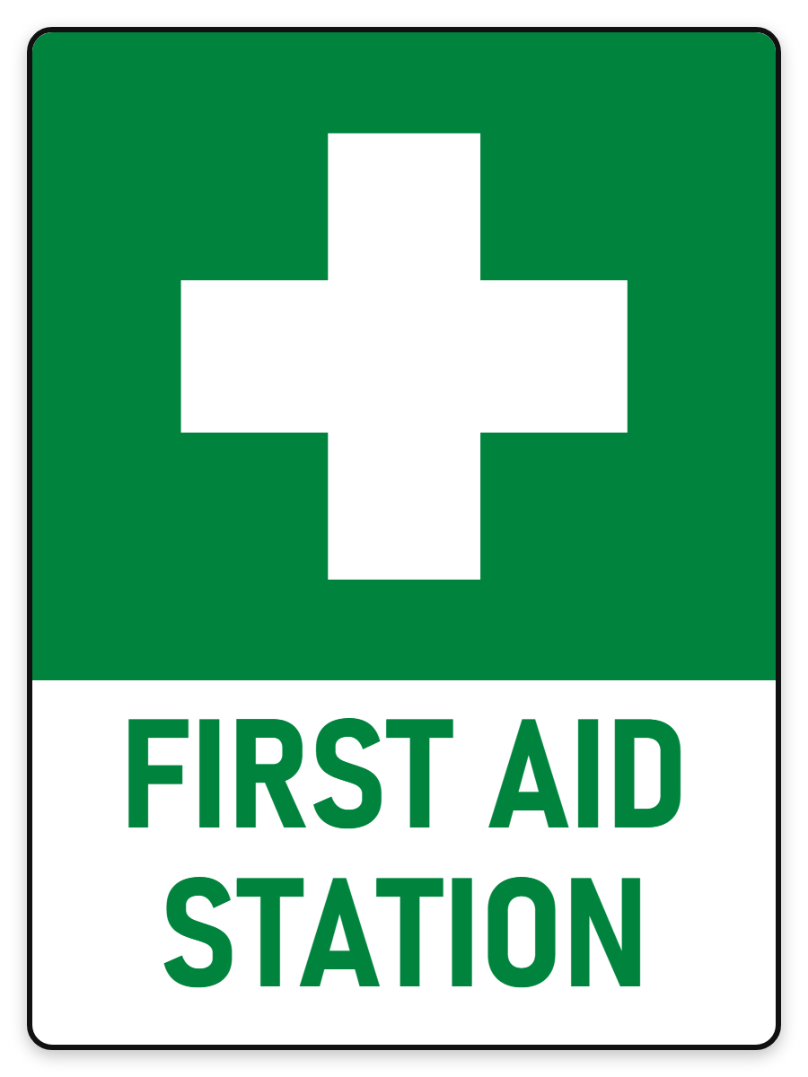 First Aid Station sign with white cross on green