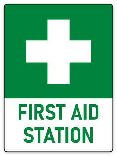 First Aid Station sign with white cross on green