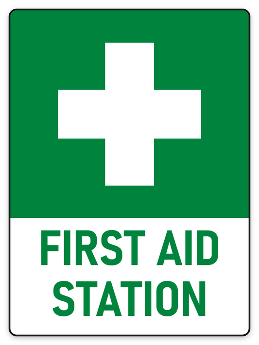 First Aid Station sign with white cross on green