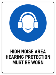 High Noise Area – Hearing Protection Must Be Worn sign – blue mandatory PPE safety sign by Bold Safety Signs