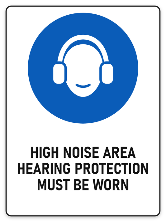 High Noise Area – Hearing Protection Must Be Worn sign – blue mandatory PPE safety sign by Bold Safety Signs