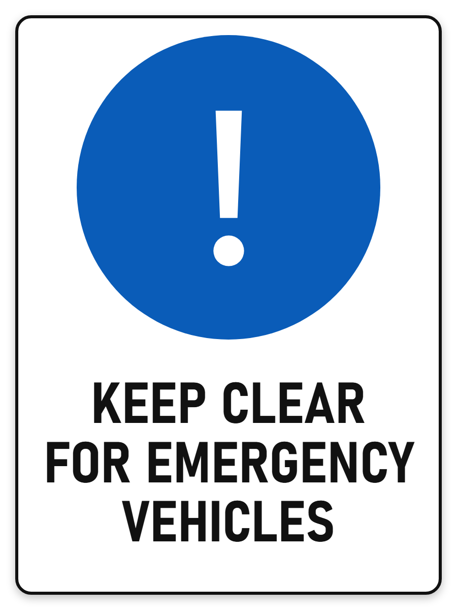 Keep Clear For Emergency Vehicles sign – blue mandatory PPE safety sign by Bold Safety Signs