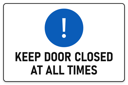 Keep Door Closed At All Times sign – blue mandatory PPE safety sign by Bold Safety Signs
