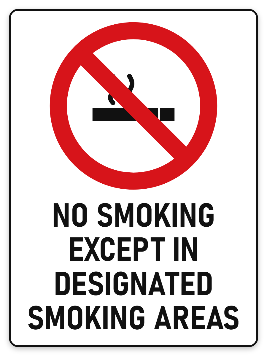 No Smoking Except In Designated Areas sign – no smoking prohibition safety sign by Bold Safety Signs