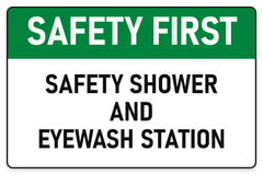 Safety First Safety Shower and Eyewash Station sign – green first aid and emergency safety sign by Bold Safety Signs