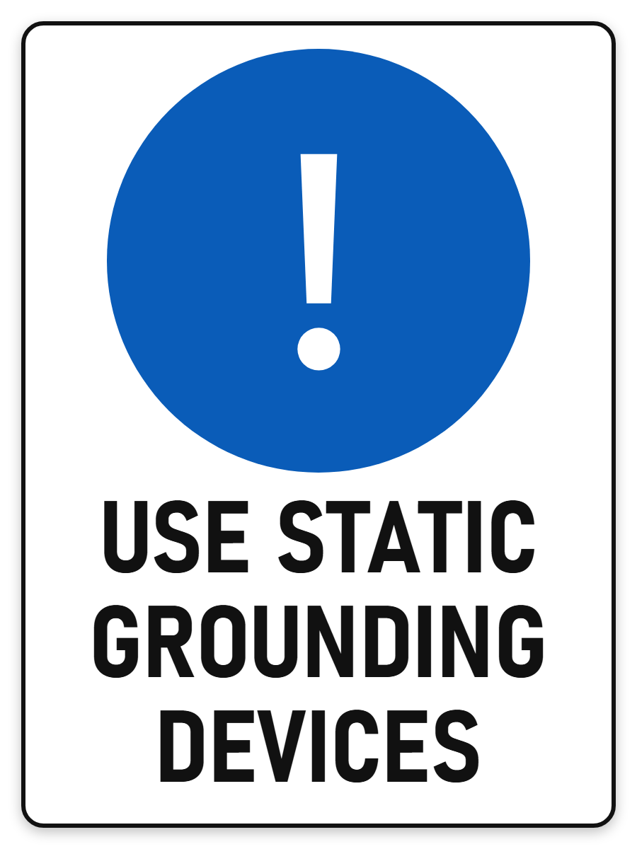 Use Static Grounding Devices sign – blue mandatory PPE safety sign by Bold Safety Signs