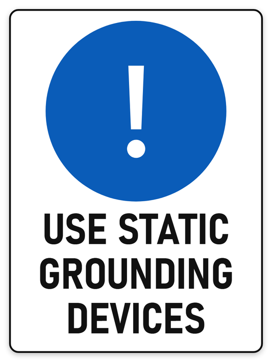 Use Static Grounding Devices sign – blue mandatory PPE safety sign by Bold Safety Signs